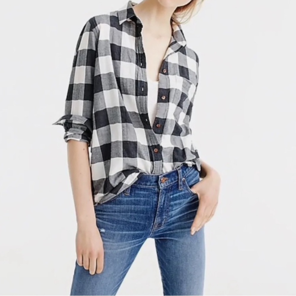 J. Crew Womens Long Sleeve Boy Shirt In Charcoal Buffalo Plaid Black and White